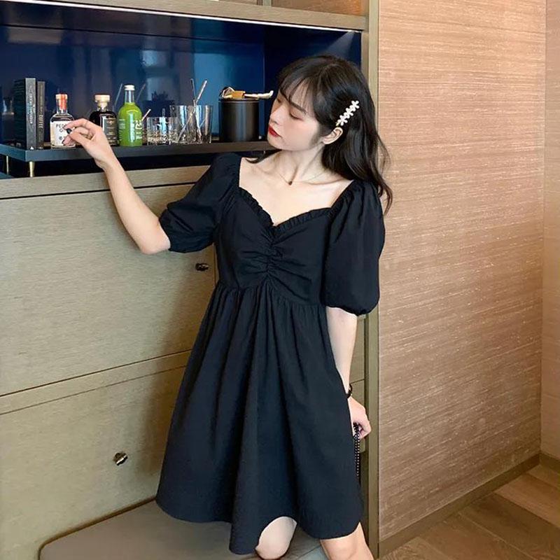 Women's Summer Puff Sleeve Dress Slim Solid Color V-neck A-line Skirt