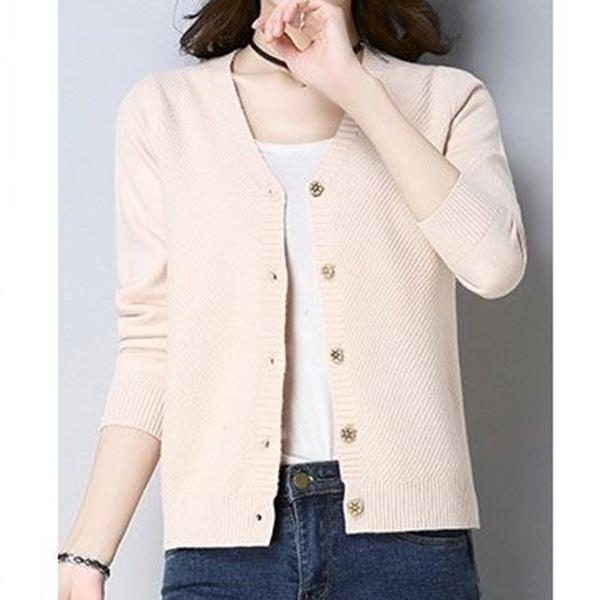 Spring and Autumn Knit Solid Color Cardigan Long Sleeve V-neck Sweater Short Solid Color Coat