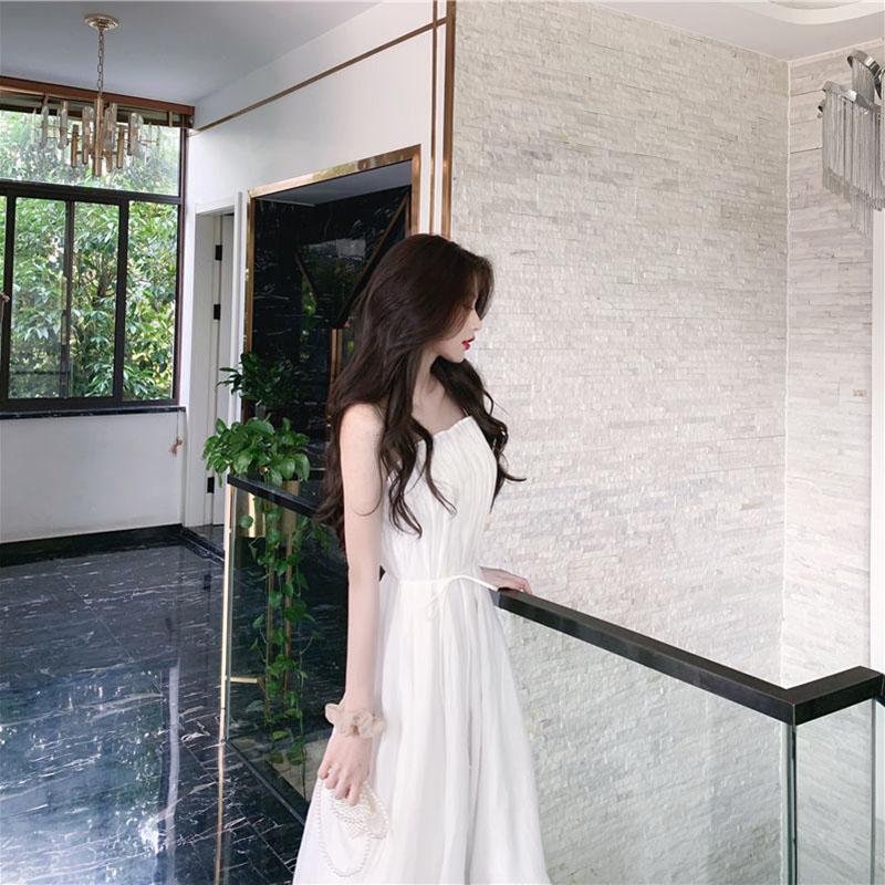 White Suspender Dress Female Summer French Retro Niche First Love Temperament Over The Knee Long Dress
