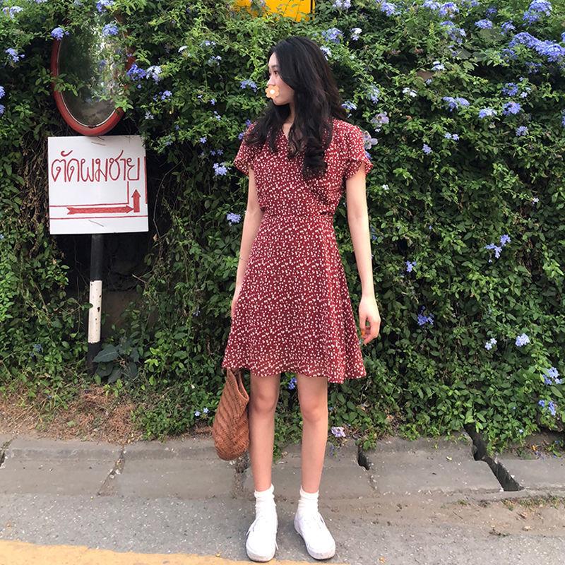 Retro Red Floral Dress Female Spring Summer V-neck Short-sleeved Fashion Waist Mini Skirt Wild Casual Slim