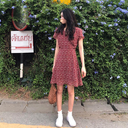 Retro Red Floral Dress Female Spring Summer V-neck Short-sleeved Fashion Waist Mini Skirt Wild Casual Slim