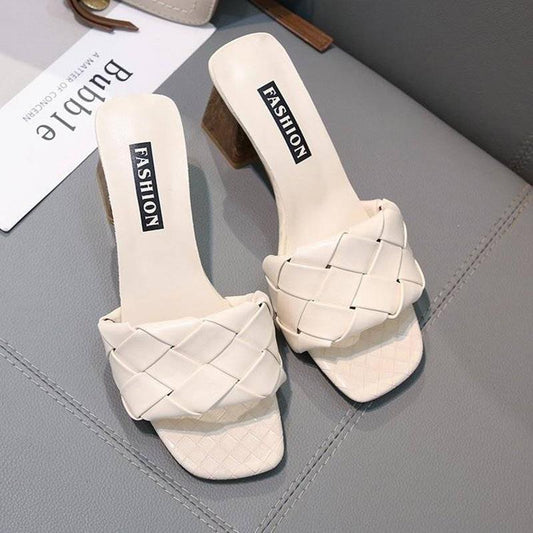 Women's Shoes  Summer Slippers  Open-toe Women's Outer Wear Thick-heeled High-heeled Square-toed Sandals   Slippers