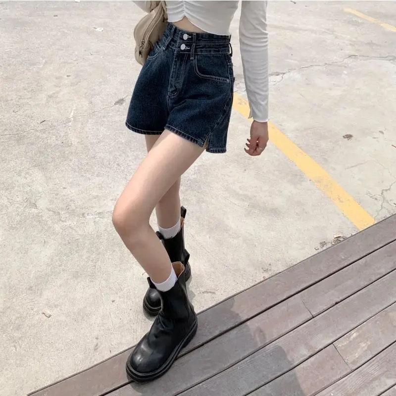 Women's Retro High-waisted Denim Shorts Summer Korean Version Ins Loose and Thin Slit Wide-leg Pants Student A-line Short Pants