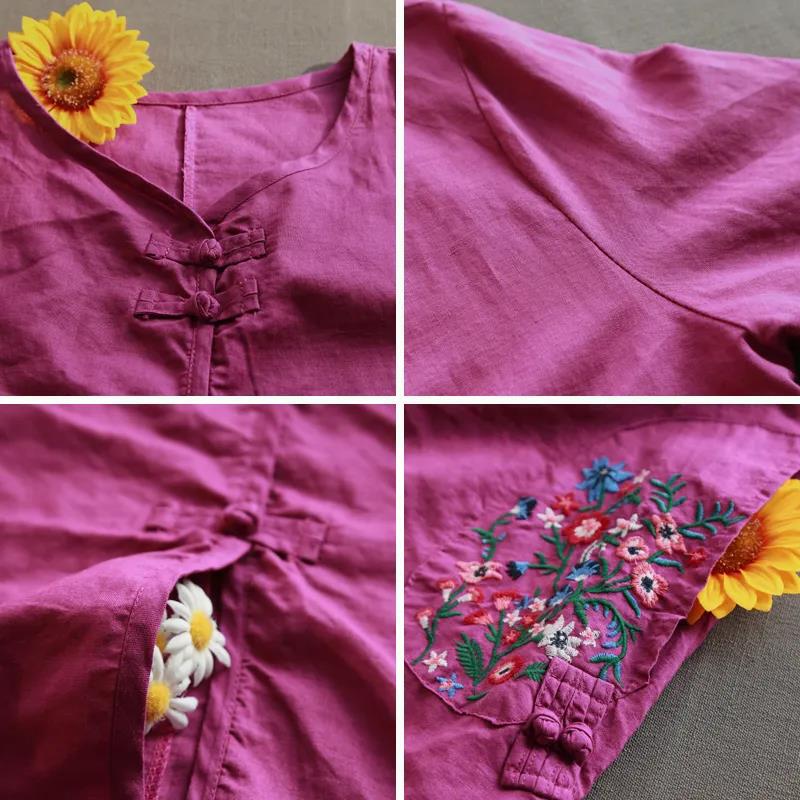 Retro Ethnic Style Cotton and Linen Embroidered Dress Long Full Length Buckle Loose Chinese Style