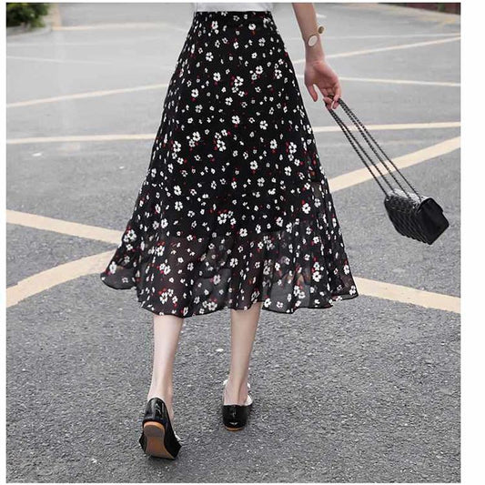 2020 Summer Black Polka Dots Chiffon Skirt Women High Waist Mermaid Skirt Elegant Midi Skirt