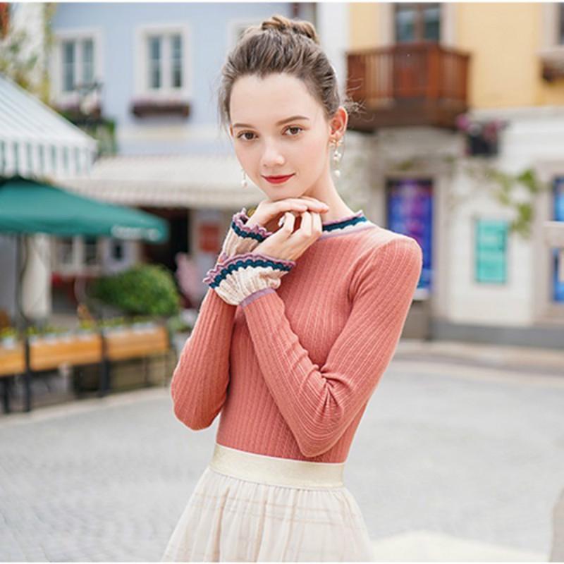 Autumn and Winter Women's Hedging Long-sleeved Slim Bottoming Shirt Ruffled Sweater