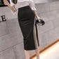 Half-length Skirt Female Summer Mid-length Bright Silk Stitching High Waist Bag Hip Skirt Black Professional Split One-step Skirt