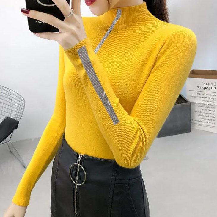 Women's Sweaters Turtleneck Sweater Female Underwear Fall/Winter Slim Rhinestone Knitted Pullover Top Sweater