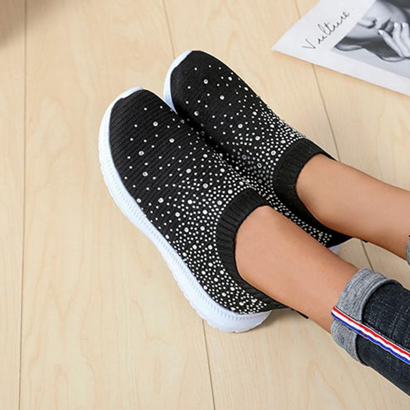 Women's Fashion Knitted Casual Shoes Sneakers Shiny Socks Slippers Breathable Mesh Crystal Sneakers Flat Soft Sole Women's Shoes