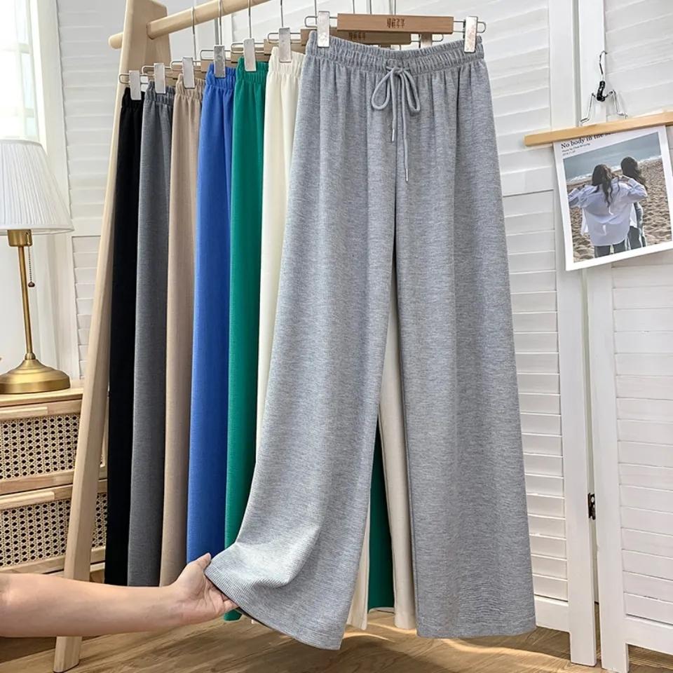 Waffle Elastic High Waist Casual Pants Autumn and Winter Women's Korean Style Loose Drape Wide Leg Trousers Show Leg Length Sports Jogging Pants