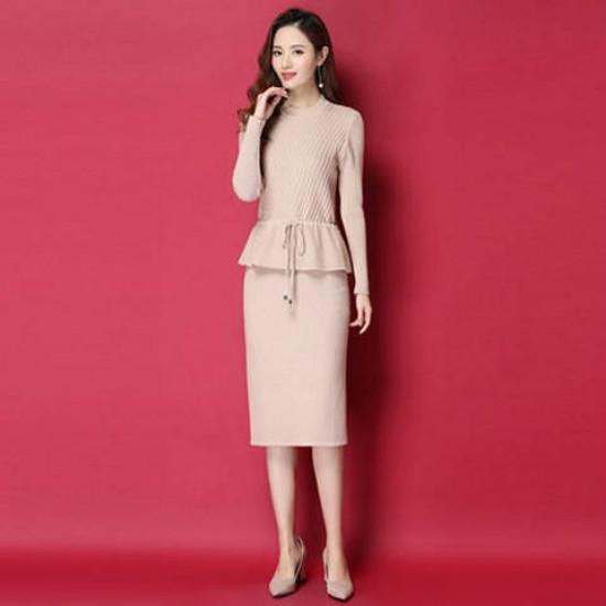Winter Thick Two-piece Women Knitted Dress Over Knee Long Sweater Suit Autumn Bow Skirt