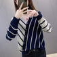 Loose Casual Autumn and Winter Knitted Bottoming Shirt Women's V-neck Striped Button Plus Size Sweater
