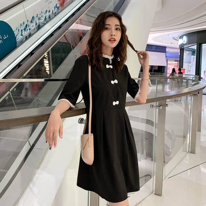 Pofulove Women Chinese O-neck Bow Dress Slim Short Sleeve Short Dress Stand Collar Black Dress