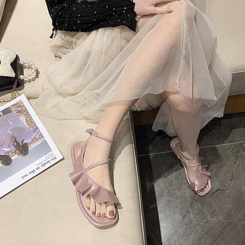 Sandals Women's Large Size Summer Lotus Leaf Fairy Style Flat Bottom All-match Word with Low-heeled Roman Shoes
