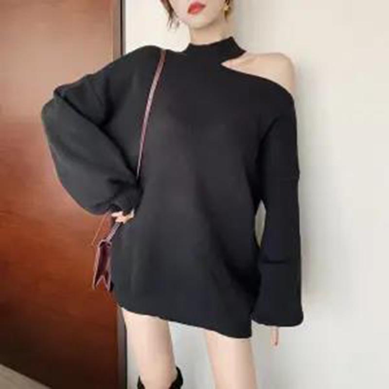 Off-the-shoulder Design Sweater Autumn Winter  Women's Loose-fitting Mid-length Thick Halterneck Sweater Tide