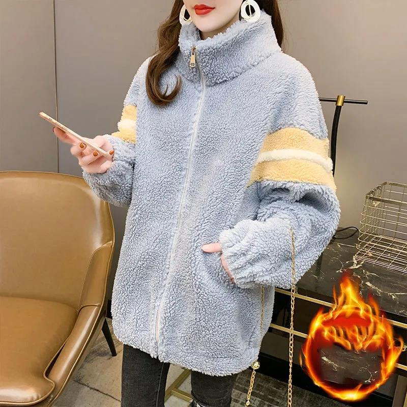 Winter Lamb Wool Coat Korean Loose Stitching Stand Collar Coat Women's Contrast Color Thickening Mid-length Warm Coat