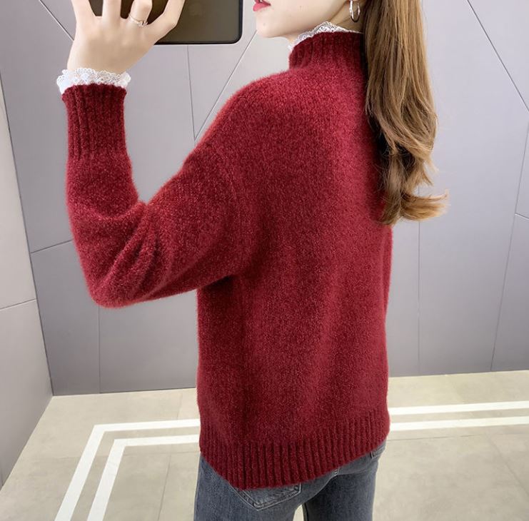 Chenille Lace Pullover Sweater Ladies Large Size Loose Half Turtleneck Sweater Solid Color Bottoming Knit Sweater