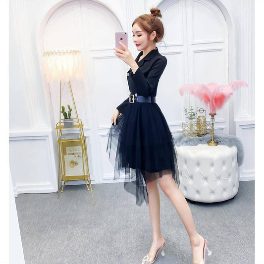 High Cold Irregular Suit Skirt Waist Was Thin Double-breasted Mesh Gauze Jacket Dress