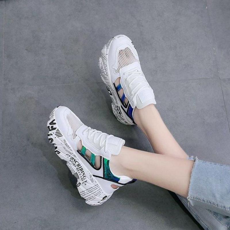 Spring  Summer Net Shoes Women's Wild Casual Breathable Sports Shoes Thick-soled Increased Shoes Non-slip Lace Running Shoes