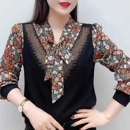 Printed Top Women's Long-sleeved Spring and Autumn T-shirt V-neck Chiffon Shirt Loose Shirt