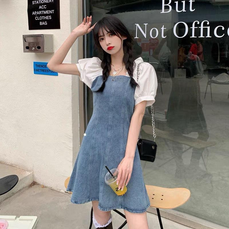 Women's Denim Dress Puff Sleeves Spring and Summer Sexy Short Dress Daily Wear Office Dating Party  A-line Dress