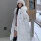 White Duck Down Jacket with Feather Collar Female Mid-length Over-the-knee Korean Thick Loose Horn Buckle Bread Jacket
