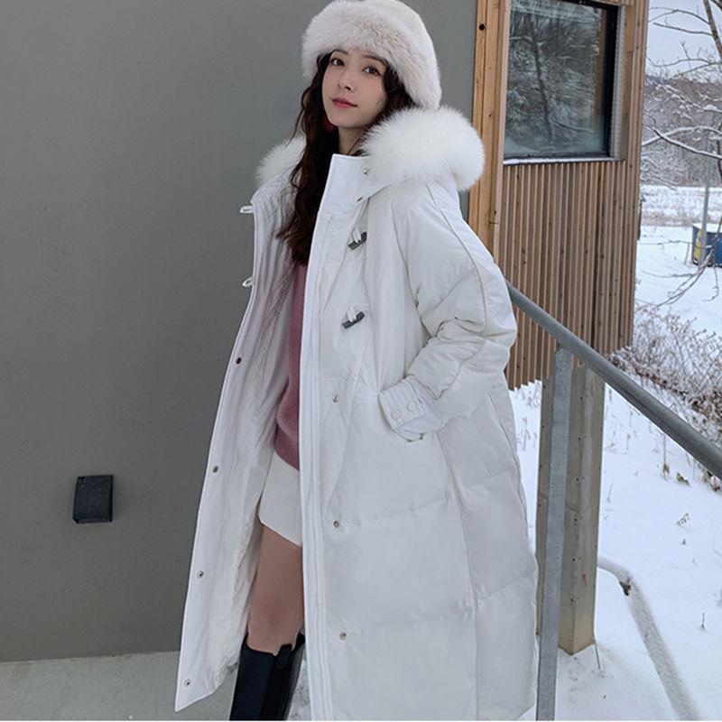 White Duck Down Jacket with Feather Collar Female Mid-length Over-the-knee Korean Thick Loose Horn Buckle Bread Jacket