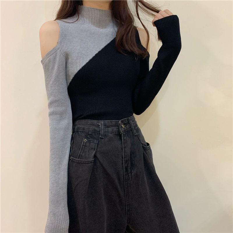 Sweater Women's Half Turtleneck Strapless Sexy Pullover Knitwear Slim Korean Patchwork Top Trendy Sweater Autumn Winter Jumper