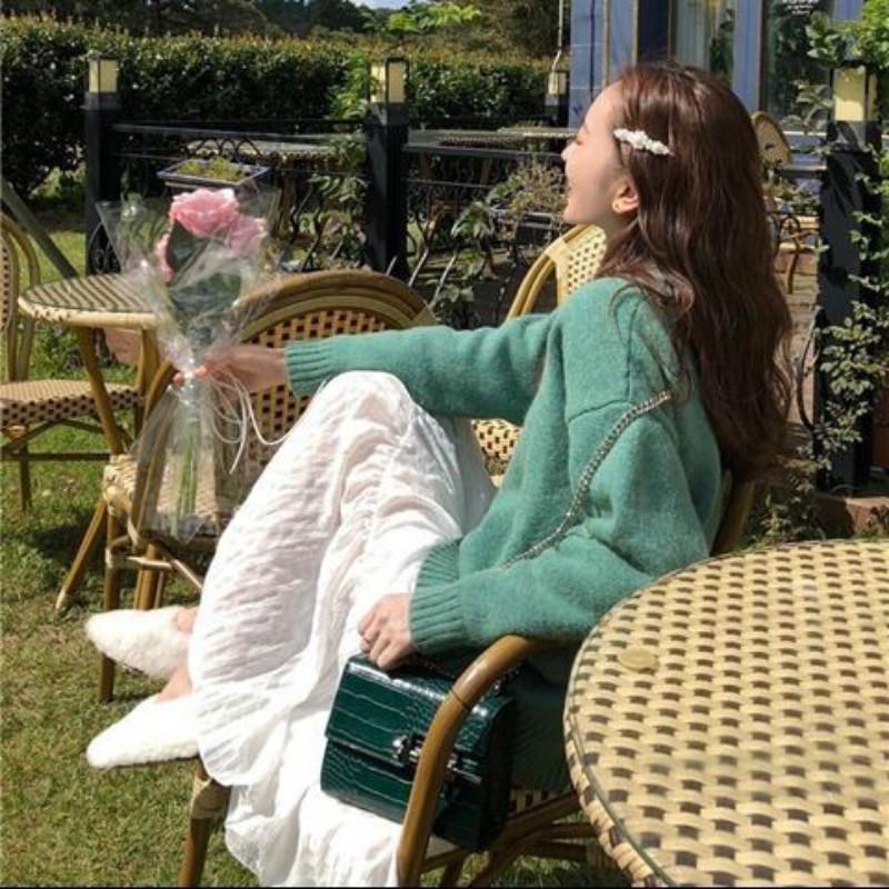 Pofulove Autumn Winter Simple Solid Color Long-sleeved Sweater Female Loose Pullover Student Shirt