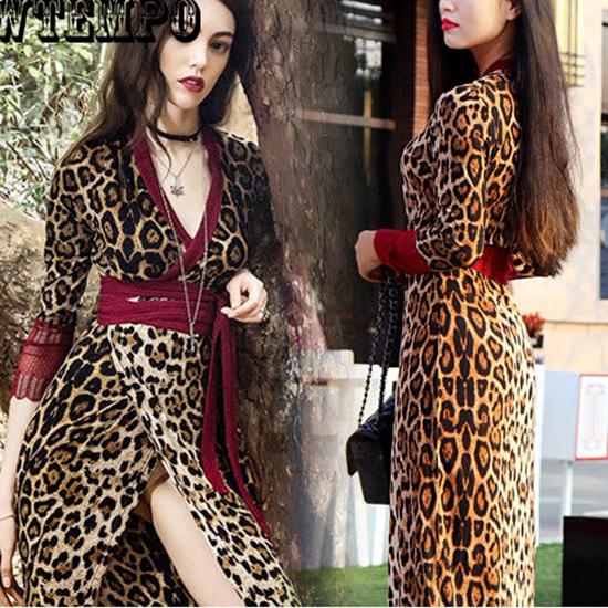 Leopard Women 2019 Sexy V-neck Bodycon Party Dress bohemian style slim vintage lantern sleeve dress