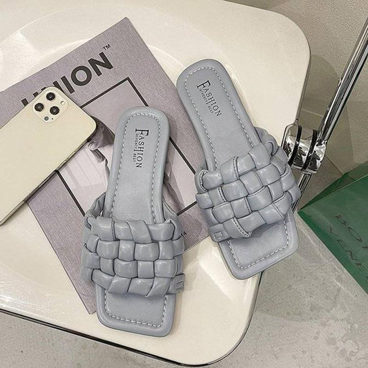 Slippers Women's Woven Square Toe Sandals Women's Summer Korean Version of All-match Flat-bottom Breathable Sandals Women's Outer Wear