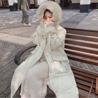 Fluffy Big Fur Collar Hooded White Cotton Jacket Women's Winter Clothes Loose Mid-length Padded Jacket Padded Down Padded Jacket Winter Padded Jacket