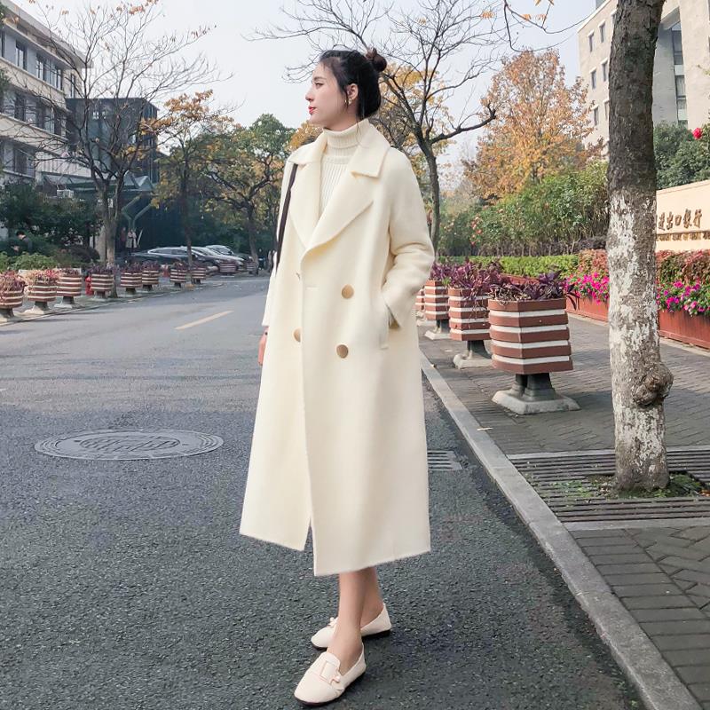 Mid-length autumn and winter over-the-knee trend wild woolen coat women's white woolen coat