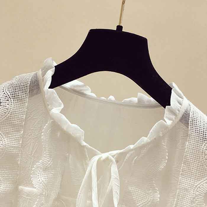 Chiffon Shirt Large Size Loose Women's Top Fashion Casual Hollow Lace Up Short Sleeve Top