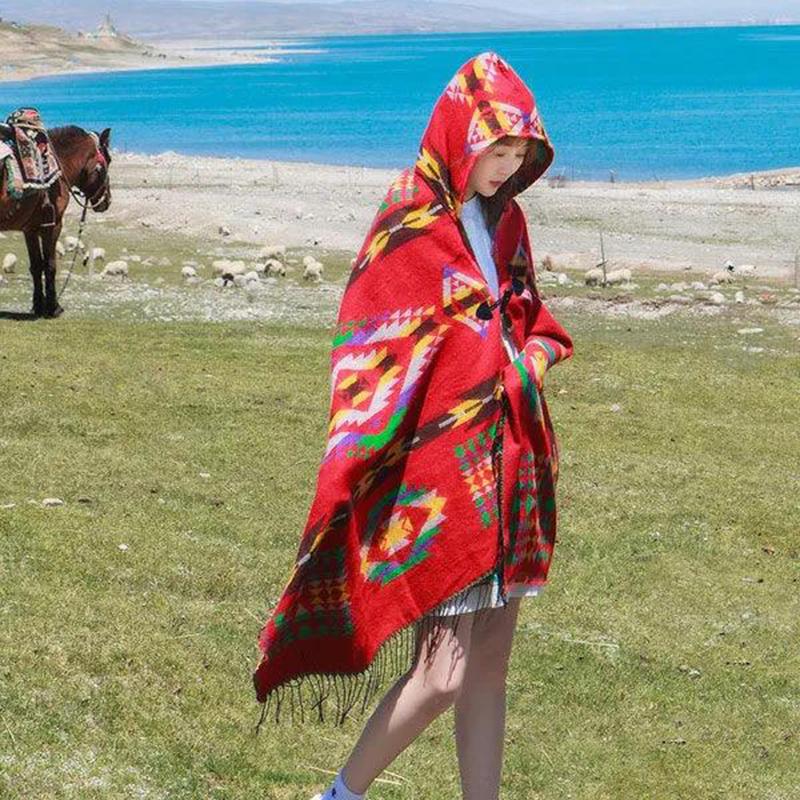 Ethnic Style Travel Outside with Shawl Cloak Female Autumn and Winter Thick Warm Red Shawl Windproof Buckle Hooded Cloak
