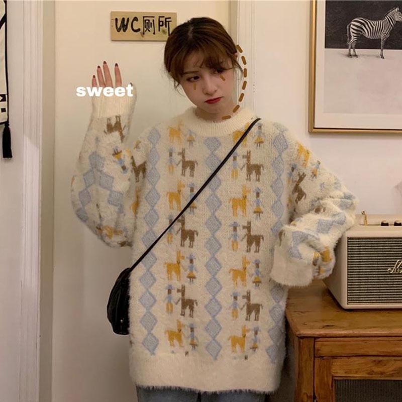 Sweet Style Top Loose Hedging Thick Coat Casual Round Neck Women Sweater