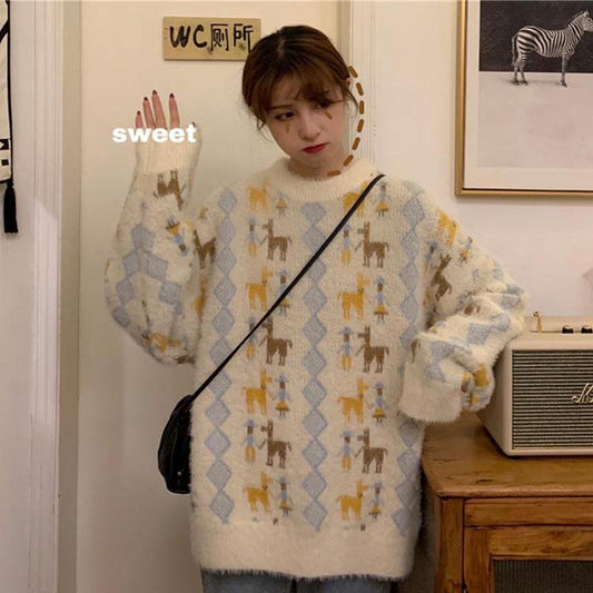 Sweet Style Top Loose Hedging Thick Coat Casual Round Neck Women Sweater