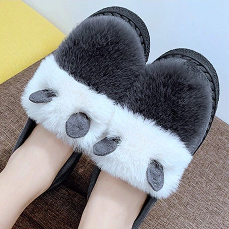 Peas Shoes Female Rabbit Ears Cute Autumn and Winter Stitching Plus Fluffy Shoes Flat Non-slip Thick Cotton Shoes Moccasin Shoes