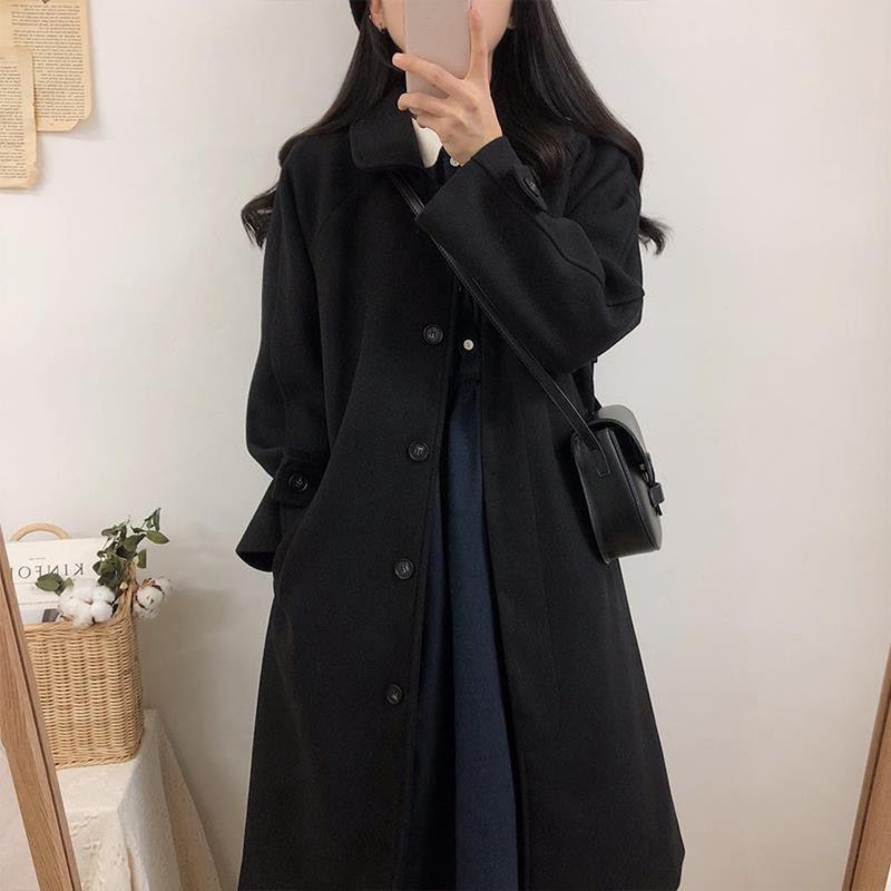 Black Long Woolen Winter Korean Style Over-the-knee Thick Coat for Female Students Loose and Thin Woolen Coat