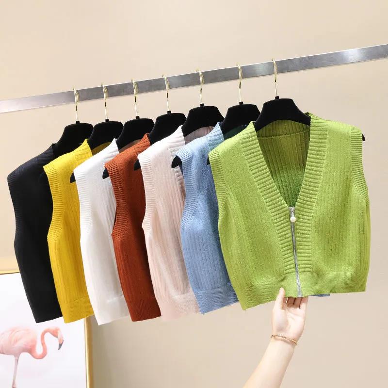 Women's Short Zipper Sweater Vest Autumn and Winter Korean Slim Sleeveless Sweater Sweater Vest Jacket