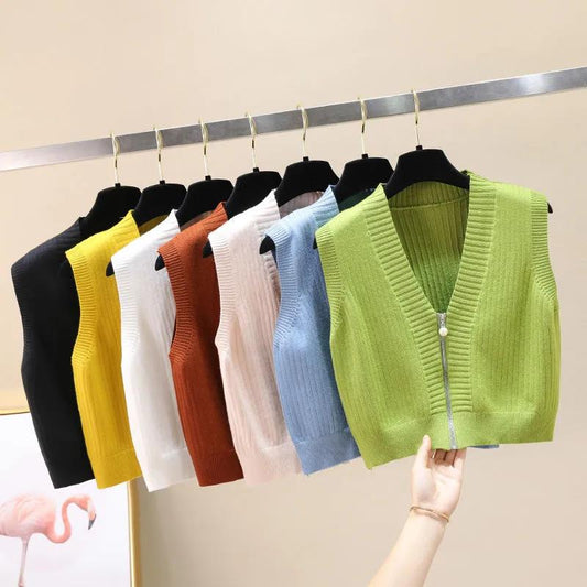 Women's Short Zipper Sweater Vest Autumn and Winter Korean Slim Sleeveless Sweater Sweater Vest Jacket
