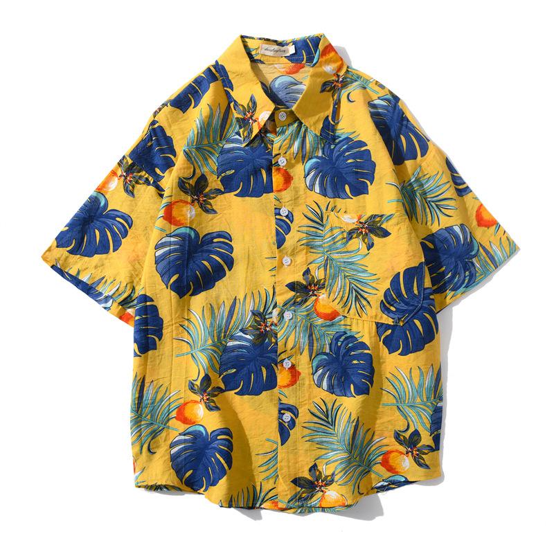 Hawaiian Shirts Beach Tee Leaf Fruit Print T-shirt Half Sleeve Retro Clothes Button Up Top Loose Overshirt Casual Male Undies