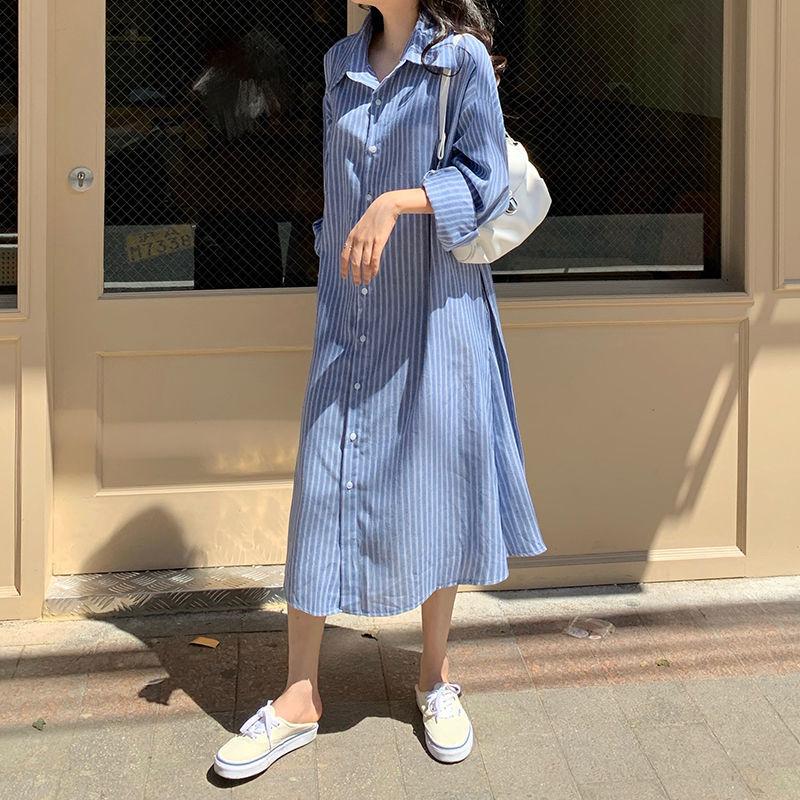 Female Vintage Contrast Striped Shirt Holiday Dress Spring Slim Knee Length Long Sleeve Casual Dress