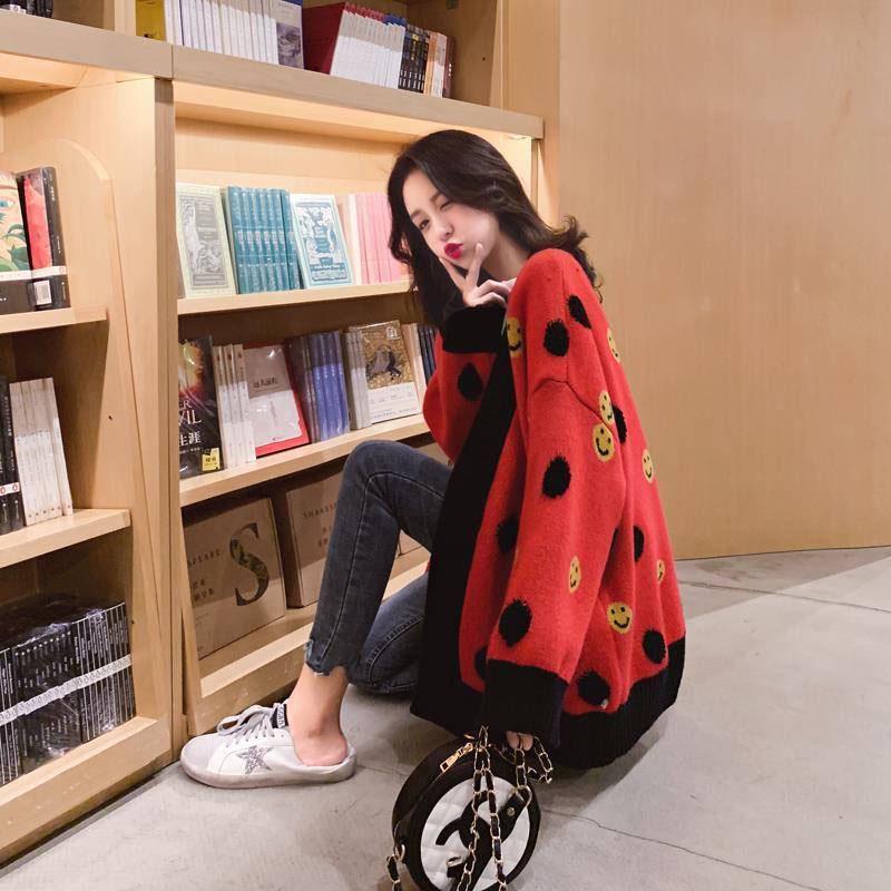 Cardigan Women V-Neck Sweater Smiley Face Cardigan Women Long Sleeve Loose Versatile Sweater Jacket