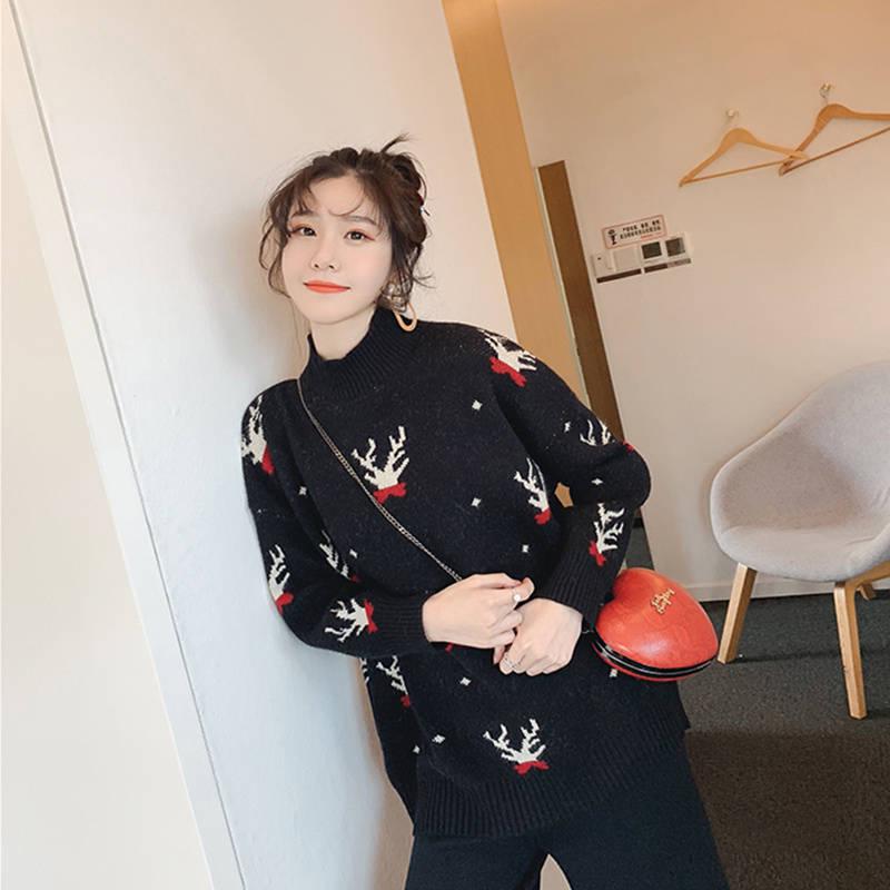 New Christmas Elk Red Half Turtleneck Sweater Women Loosely Thin Long Sleeve Base Sweater