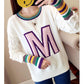 Letter Printed Sweater Women's Casual Striped Stitching Sleeve Pullover Sweater Autumn and Winter Students Loose Knit Top Outer Wear