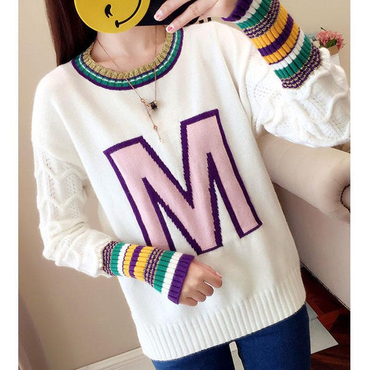 Letter Printed Sweater Women's Casual Striped Stitching Sleeve Pullover Sweater Autumn and Winter Students Loose Knit Top Outer Wear