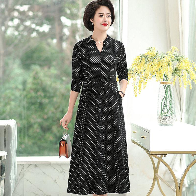 Middle-aged Elderly Women's Dresses Spring Summer Waist Long Dress Retro Printing Mid-length Plus Size Women's Clothing