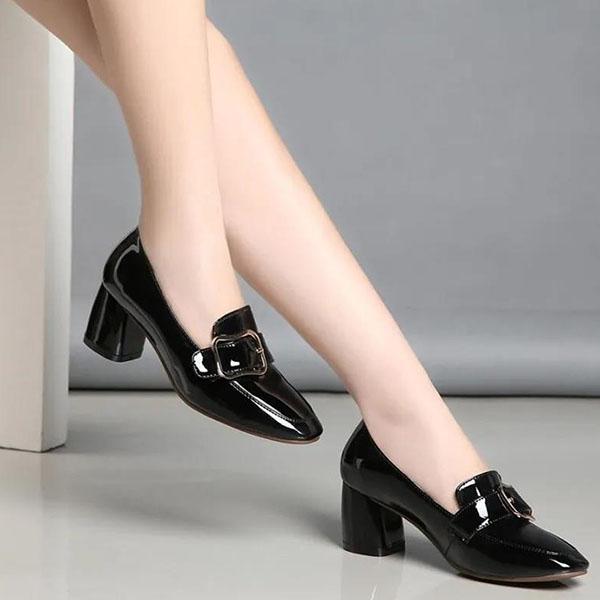 Women's Spring and Autumn Middle Heel Shoes Large Size Square Head Thick Heel Versatile Leather High-heeled Shoes