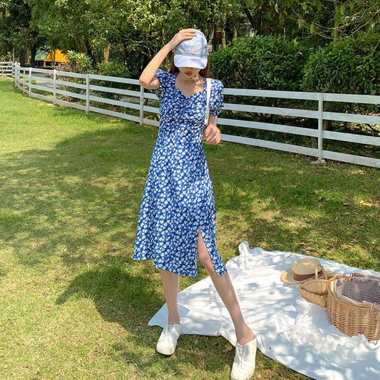 Women's Summer French Elegant Retro Waist Waist and Side Split Temperament Medium Long Chiffon Floral Dress